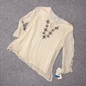 Erena Ivory Embroidered Peasant Blouse Rayon Cotton Lined Boho Top Cream Large